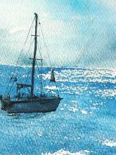 Elastik Baumwolljersey Seeblick mit Segelboot Gemäldedruck Panel 210x158cm