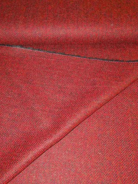 Shetland Fischgrat Tweed Stoff – Dunkelrot-Rot mit Orange, Made in England