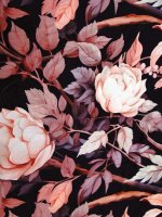 Viskosejersey -Mitternachtsrose Mauve–Rosé– Rosenprint auf Schwarz