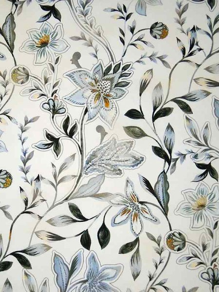 Baumwolle Batist Indiennes-Garden Bleu-Gris auf Weiß