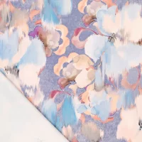 Viskose-Stretchsatin -French Flowers Blu- floraler Aquarellprint in Chalcedonblau