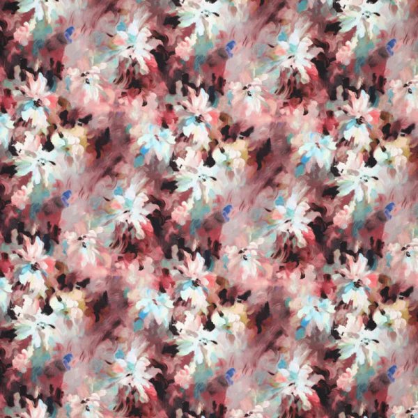 Viskose-Stretchsatin -Jardin Impression– malerischer Blumenprint in Mahagoni & Aqua