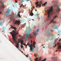 Viskose-Stretchsatin -Jardin Impression– malerischer Blumenprint in Mahagoni & Aqua